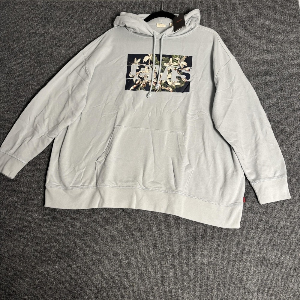 Levis Womens Floral Box Logo Hoodie Light Blue Oversized Sweatshirt 2X Casual
